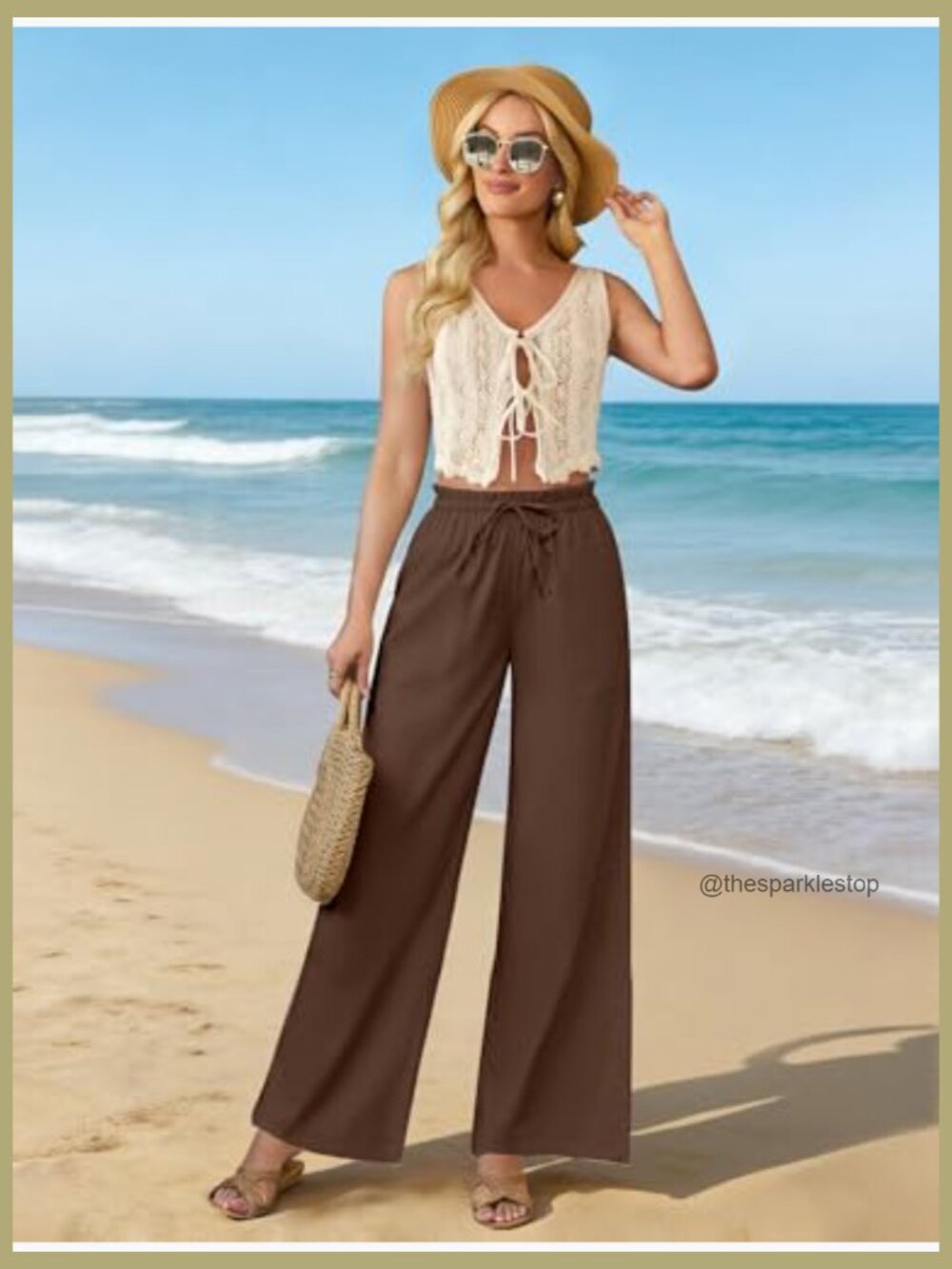 Linen Wide Leg Pants, High Waisted Flowy Palazzo with Pockets Drawstring - Picture 2 of 7